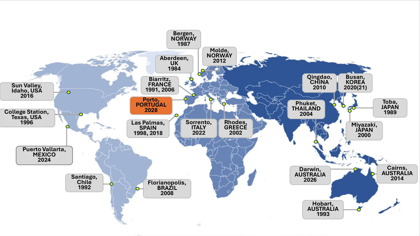 World map of past and upcoming ISFNF conference venues, including Porto 2028